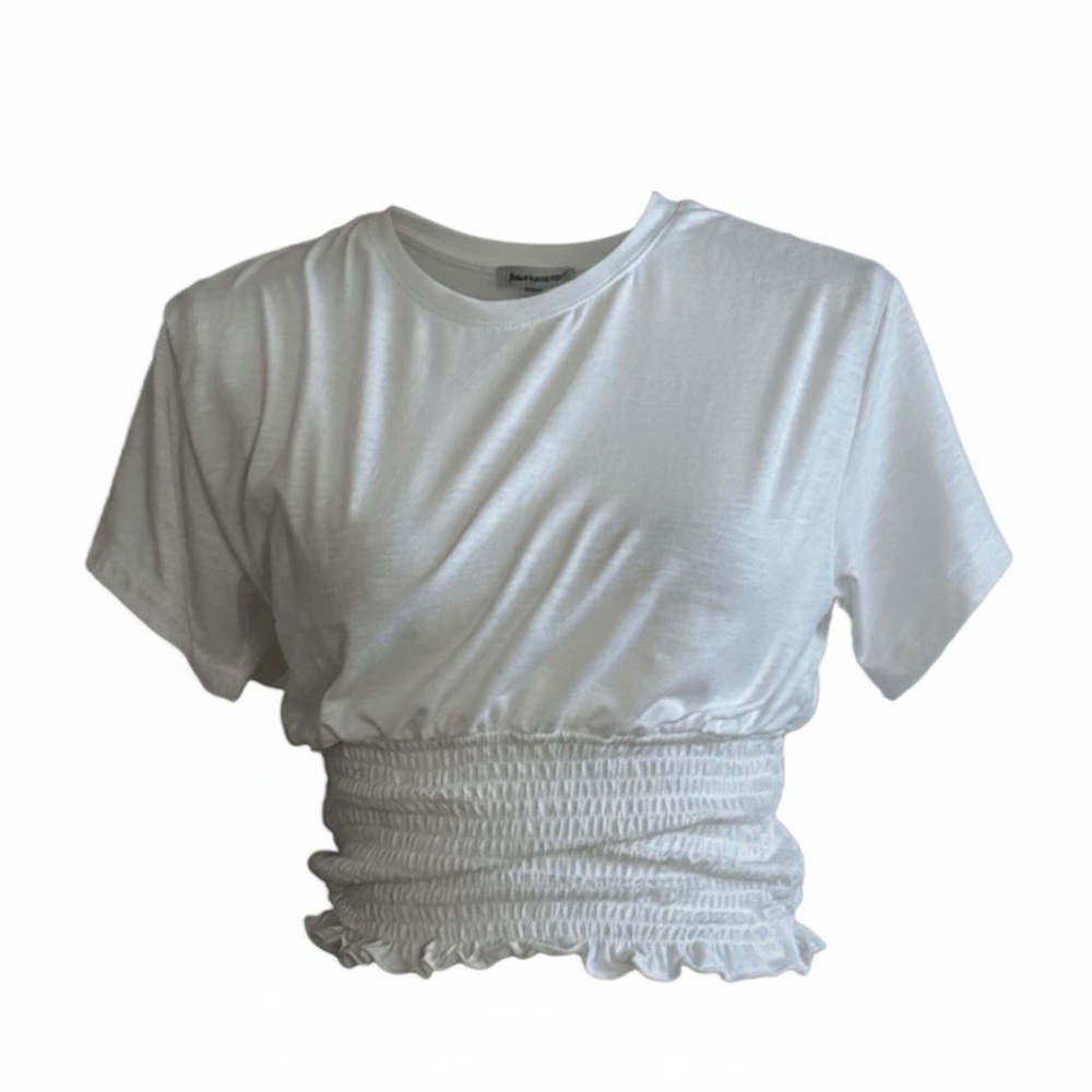 White Women's Smocked Crop Top - Classic Crew Neck
